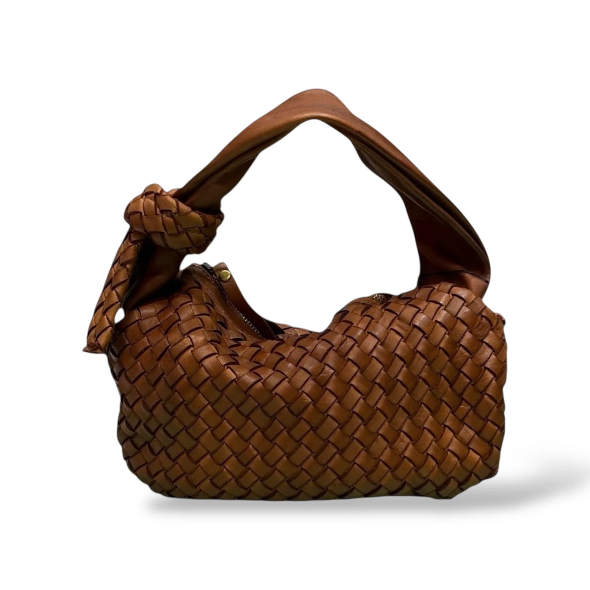 Warm Caramel Intricate Interlaced Weave Slouchy Shoulder Vessel With Distinct Woven Knot Accent Wide Smooth Carry Loop Handbag