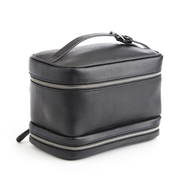 Deep Black Segmented Layered Rectangular Grooming Storage Casket With Top Looping Grip Fixture And Full-Width Metallic Zipper Divisions Train Case