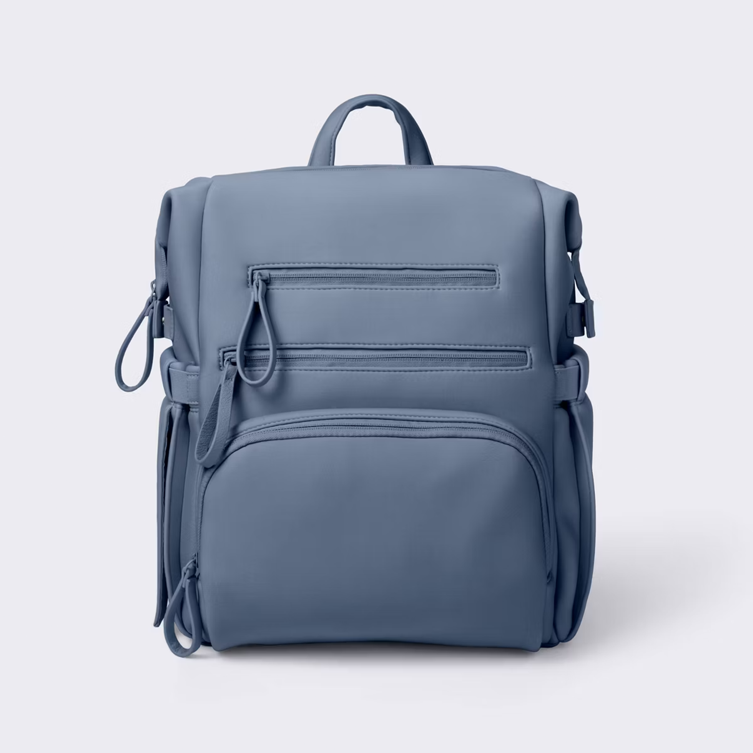 Pale Slate Blue Boxy Multi-Compartment Backpack Vessel With Permeable Panel Access Flap and Luggage Slip Channel Feature