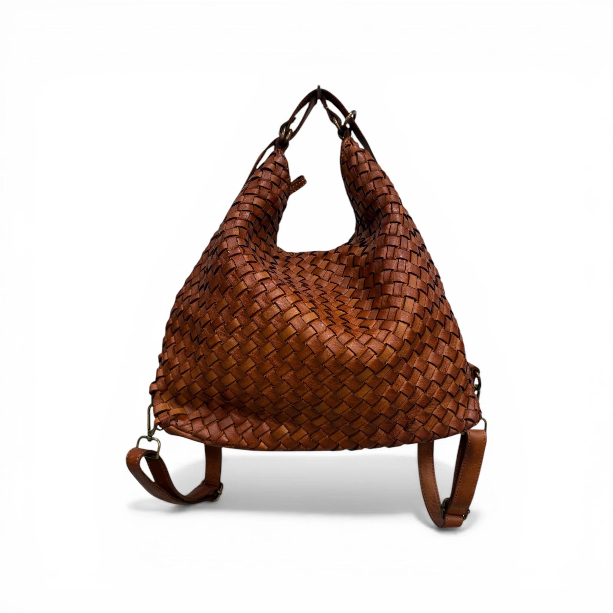 Multi-Tone Interchangeable Carry Slouch Sack With Grid Weave Surface Option And Reconfigurable Antique Metallic Fastened Straps Backpack