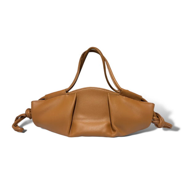 Warm Tan Gathered End Elongated Mini Carry Sack Curved Handbag Loops and Separate Torso Rest Band Fixtures