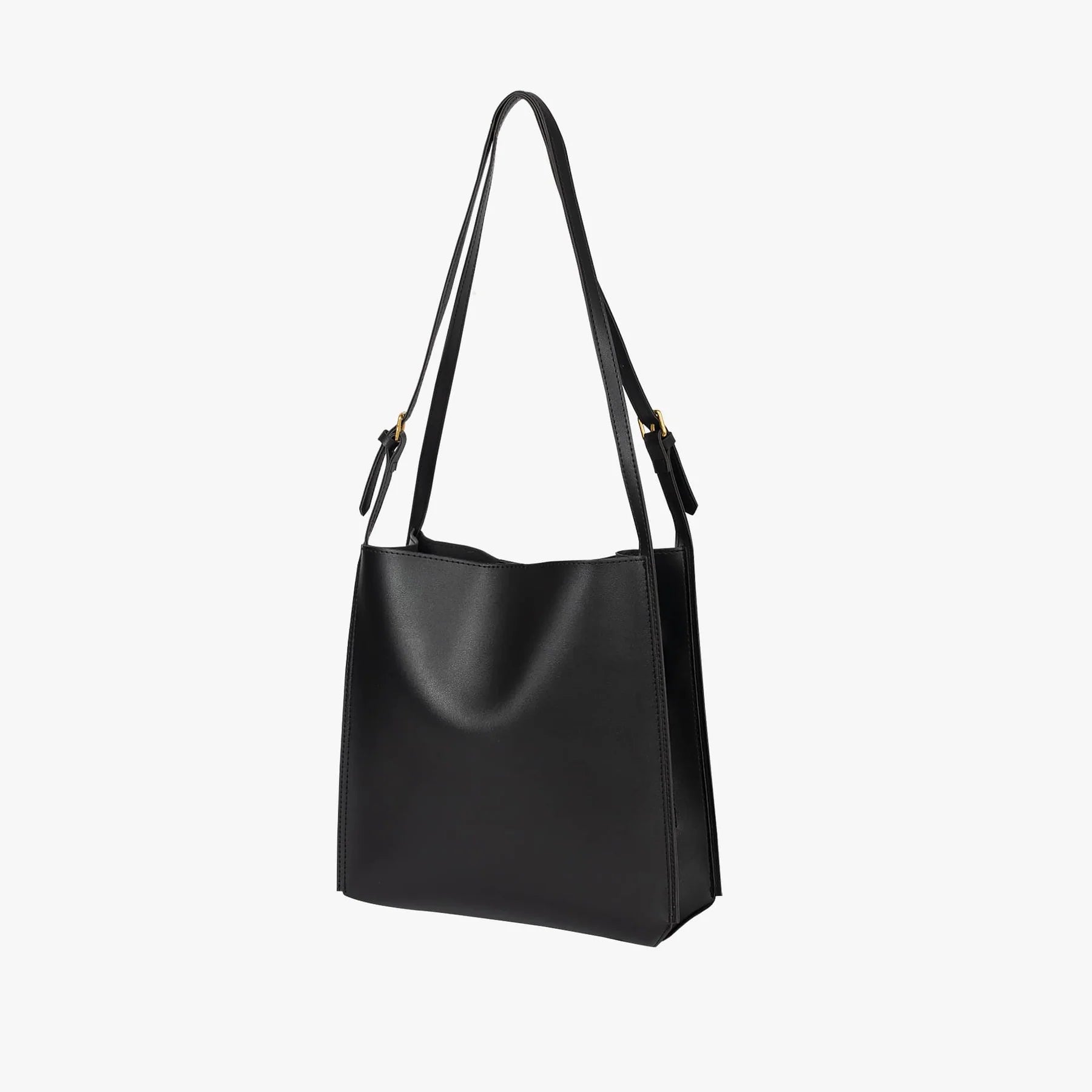 Solid Deep Black Minimalist Vertical Rectangular Shoulder Carry Tote with Warm Metallic Band Fixtures and Wide Open Top Storage Cavity Handbag