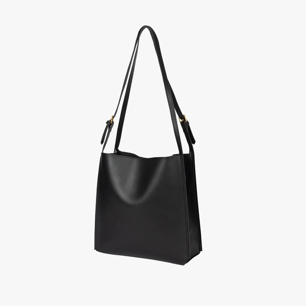 Solid Deep Black Minimalist Vertical Rectangular Shoulder Carry Tote with Warm Metallic Band Fixtures and Wide Open Top Storage Cavity Handbag