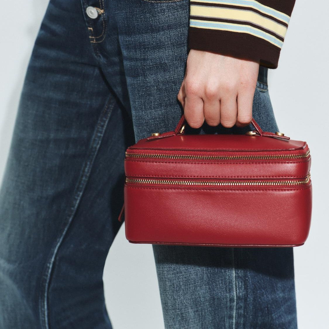 Deep Crimson Double-Compartment Carry Casket Contrast Stitch Detailing, Curved Top Loop And Dual Golden Zip Track Closure Train Case