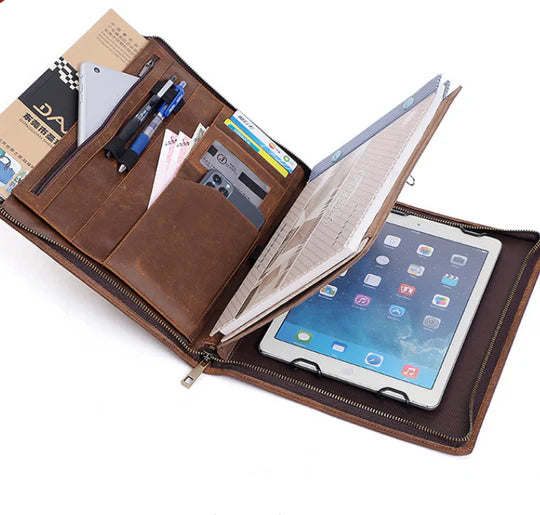 Warm Brown Full-Zip Rectangular Multi-Compartment Document Vessel with Tablet & Notepad Holding Insets and Slanted Outer Slip Pocket Padfolio